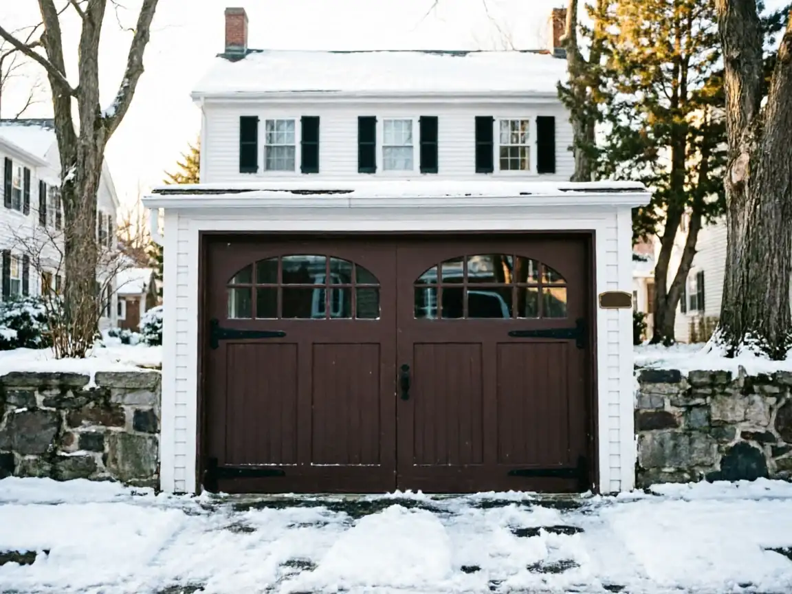 A brown garage door with arched windows on a white house with snow.