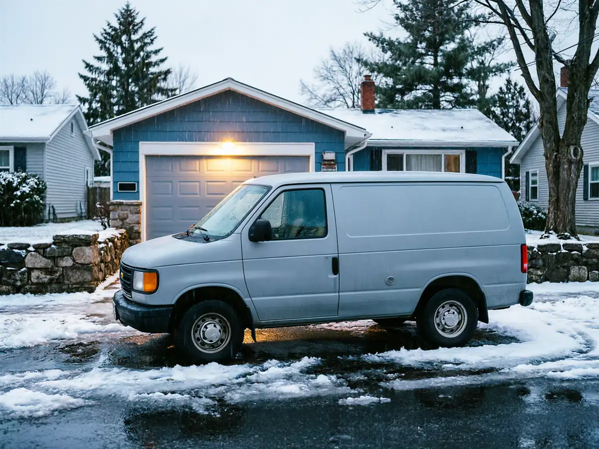 A gray van is parked in a snowy driveway in front of a blue house.