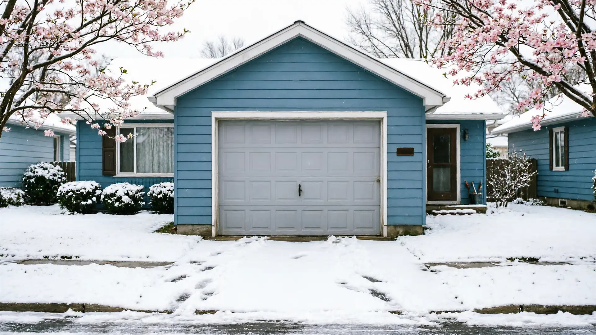 A blue house with a gray garage door is covered in snow.