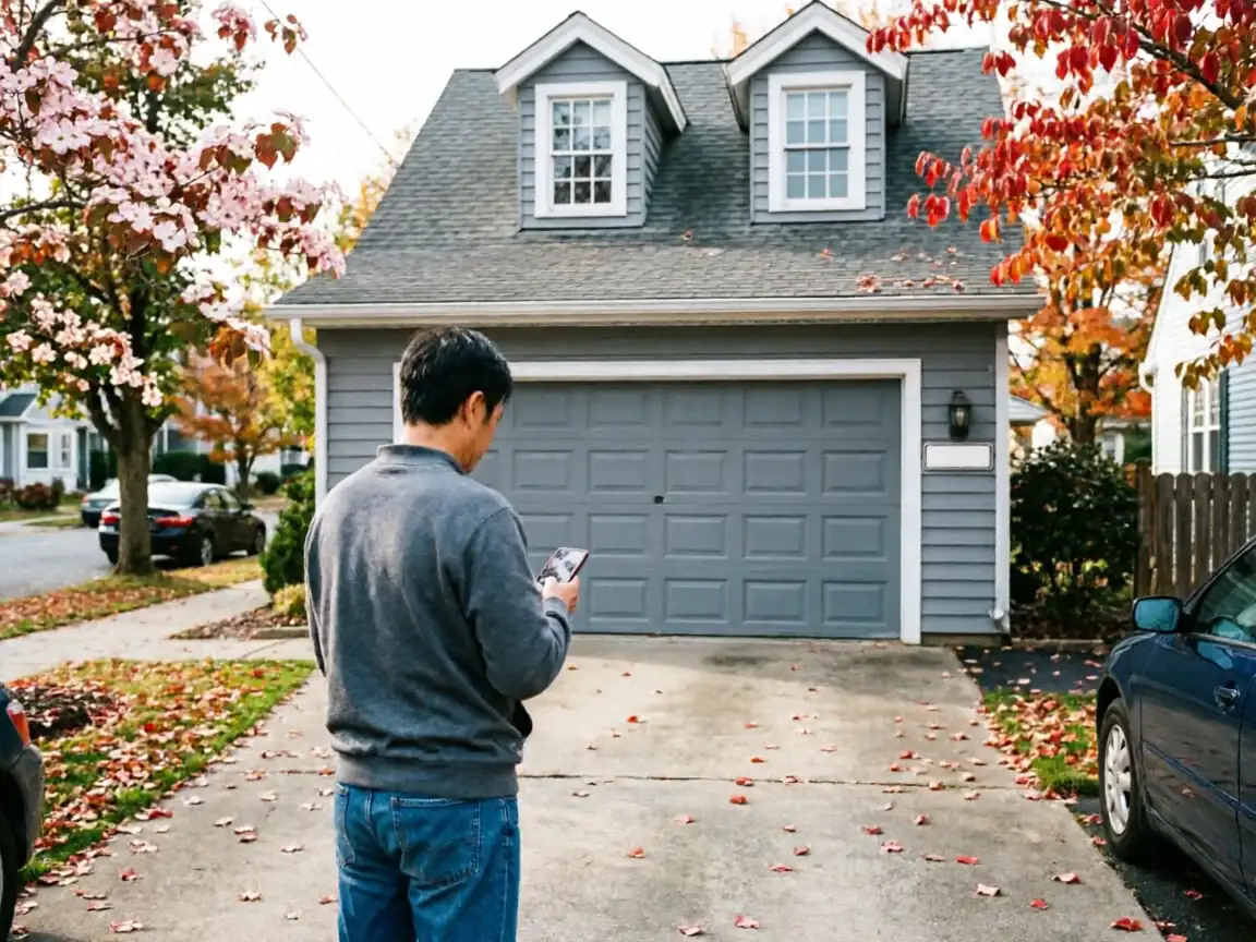 A man stands in a driveway looking at his phone in front of a gray garage door.