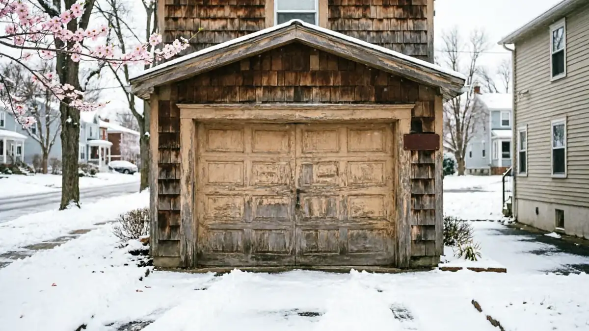 A weathered wooden garage door with peeling paint on a snowy day.