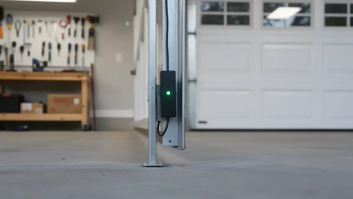 A safety sensor with a green light is mounted on a garage door track.