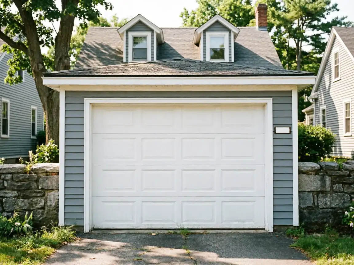 A white paneled garage door is on a gray house with two dormer windows.