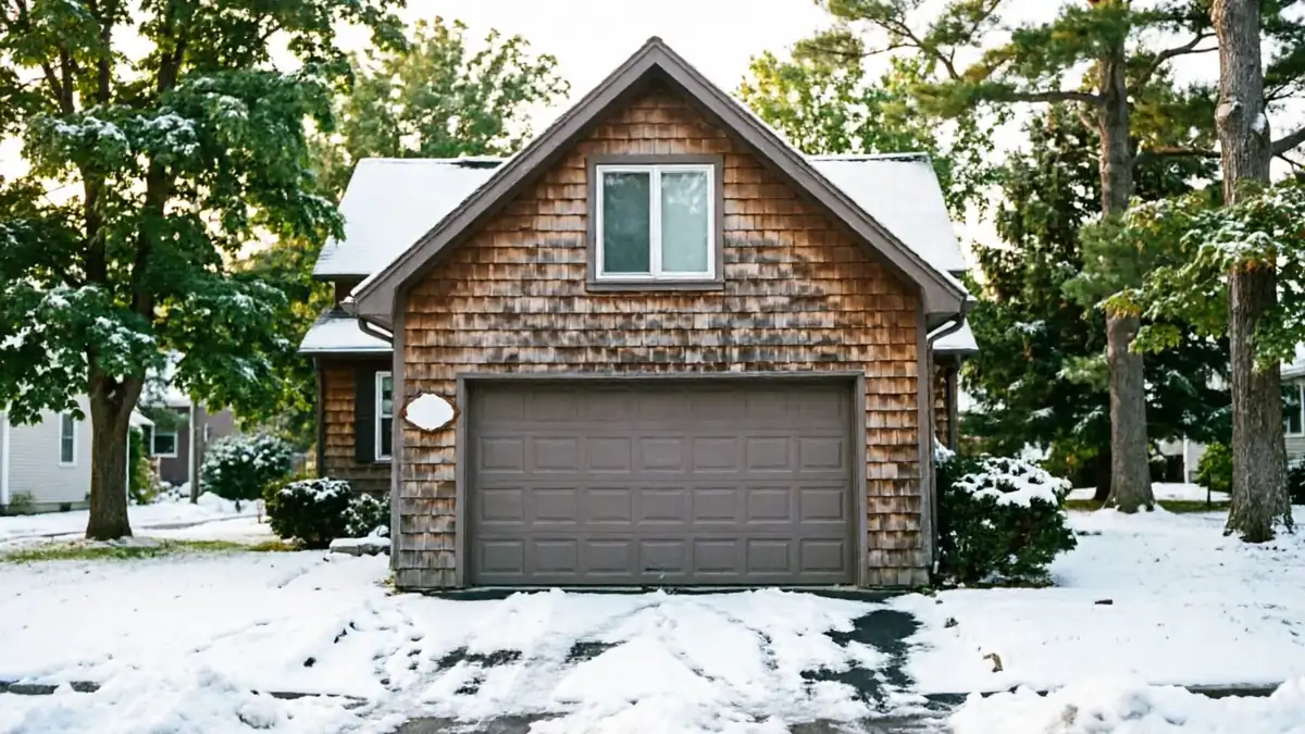 The house has a brown garage door, cedar shake siding, and a snow-covered yard.