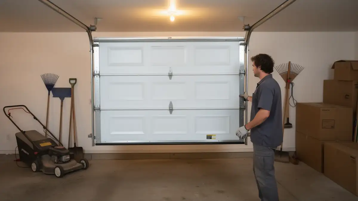 A technician wearing gloves stands next to a white garage door inside a garage.